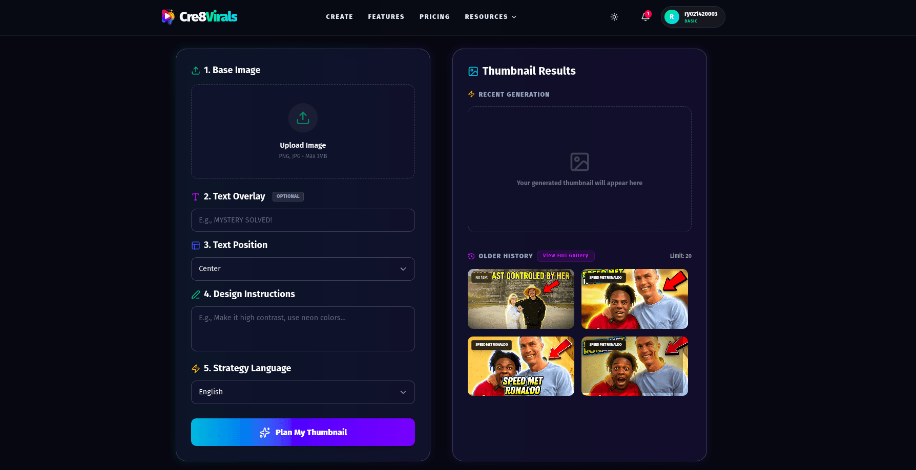 Cre8virals Thumbnail Generator UI