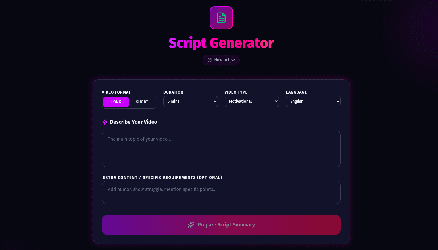 Cre8Virals Script Generator Workspace Dashboard